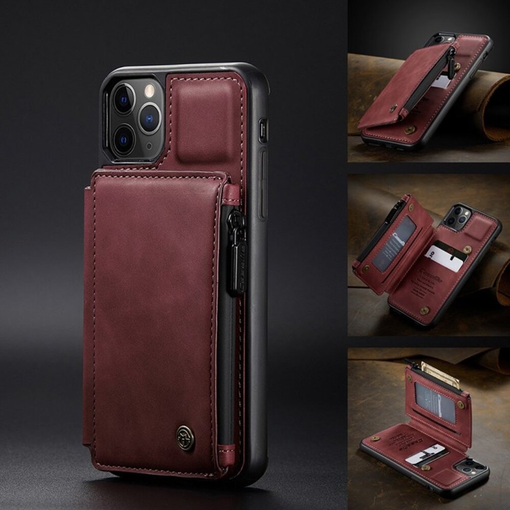 Red Wallet Card Case Magnet Flip Zip Cover for iPhone13 Pro Max（6.7）